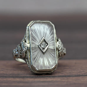Art Deco White Camphor Glass Diamond Filigree 14k White Gold Ring