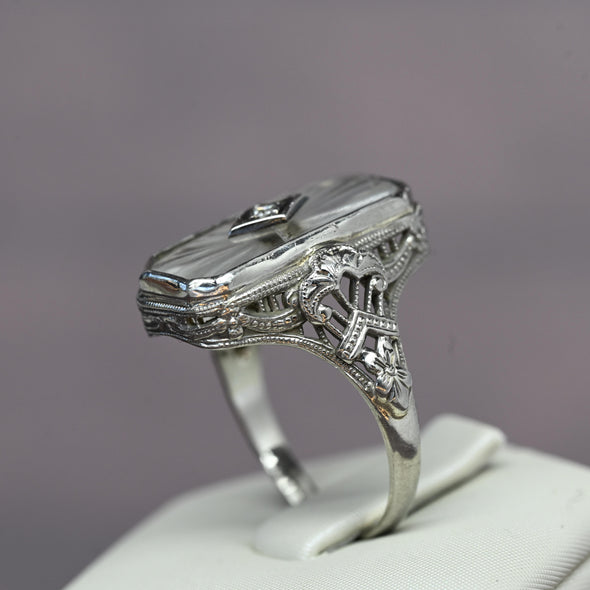 Art Deco White Camphor Glass Diamond Filigree 14k White Gold Ring