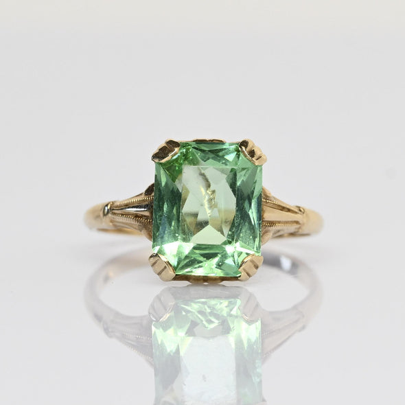 Vintage Green Glass Modified Radiant Cut 10k Gold Ring