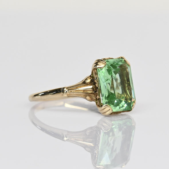 Vintage Green Glass Modified Radiant Cut 10k Gold Ring