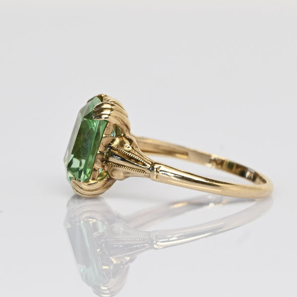 Vintage Green Glass Modified Radiant Cut 10k Gold Ring