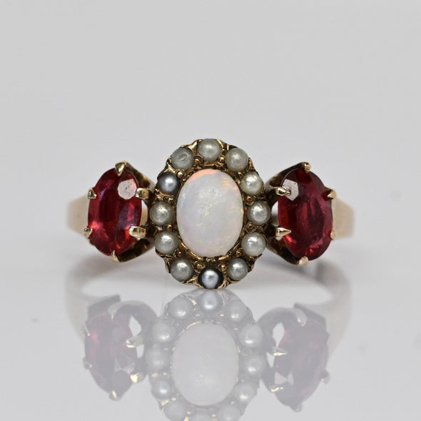Vintage Opal w Pearl Halo Ruby Oval "Three Stone" Gold Ring