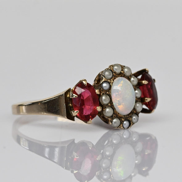 Vintage Opal w Pearl Halo Ruby Oval "Three Stone" Gold Ring