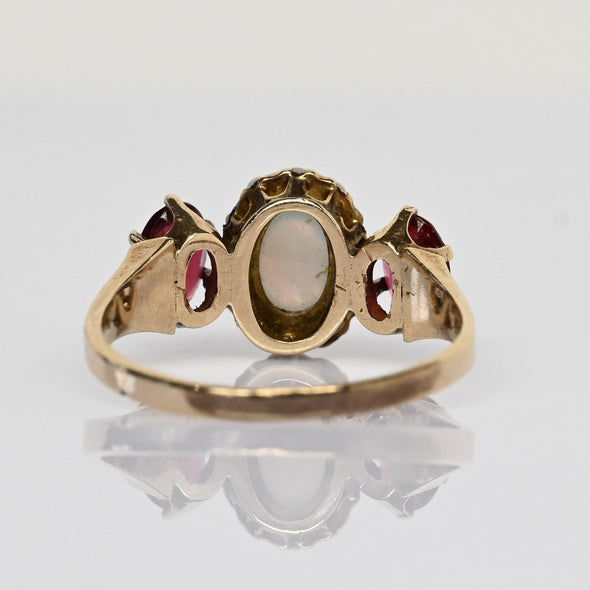 Vintage Opal w Pearl Halo Ruby Oval "Three Stone" Gold Ring