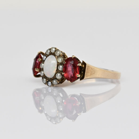Vintage Opal w Pearl Halo Ruby Oval "Three Stone" Gold Ring