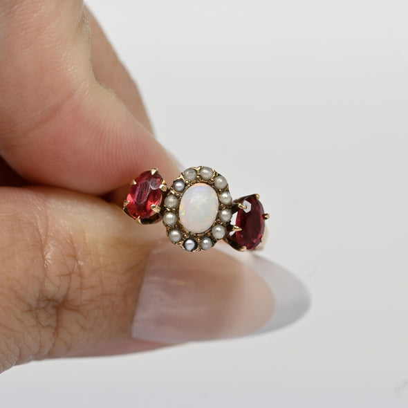 Vintage Opal w Pearl Halo Ruby Oval "Three Stone" Gold Ring