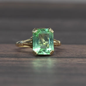 Vintage Green Glass Modified Radiant Cut 10k Gold Ring