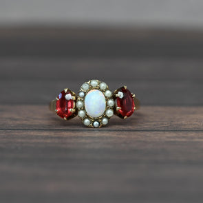 Vintage Opal w Pearl Halo Ruby Oval "Three Stone" Gold Ring