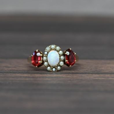 Vintage Opal w Pearl Halo Ruby Oval "Three Stone" Gold Ring