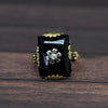 Vintage Black Onyx Rectangle w Diamond Flower Center Yellow Gold Ring