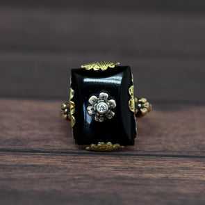 Vintage Black Onyx Rectangle w Diamond Flower Center Yellow Gold Ring