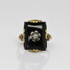Vintage Black Onyx Rectangle w Diamond Flower Center Yellow Gold Ring