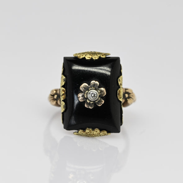 Vintage Black Onyx Rectangle w Diamond Flower Center Yellow Gold Ring