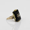 Vintage Black Onyx Rectangle w Diamond Flower Center Yellow Gold Ring