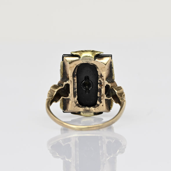 Vintage Black Onyx Rectangle w Diamond Flower Center Yellow Gold Ring
