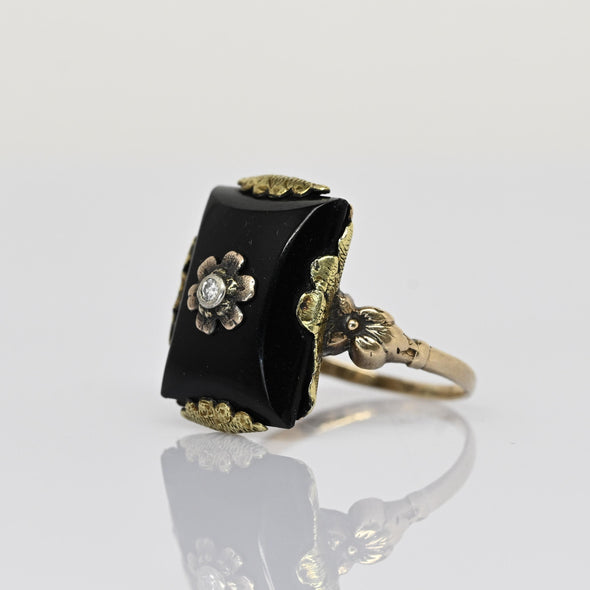 Vintage Black Onyx Rectangle w Diamond Flower Center Yellow Gold Ring