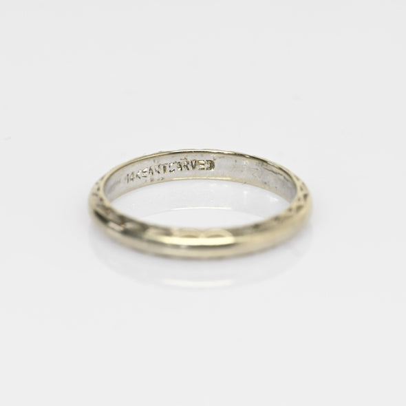 Vintage Art Carved 14k White Gold Band sz 5.5