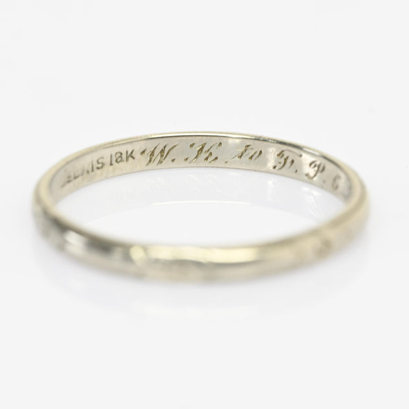 1925 Belais Art Deco Wedding Band 18k White Gold Ring Dated 6-27-25