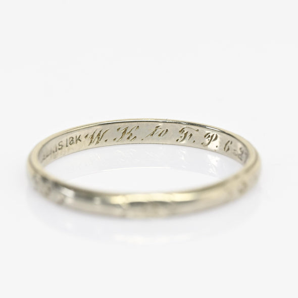 1925 Belais Art Deco Wedding Band 18k White Gold Ring Dated 6-27-25