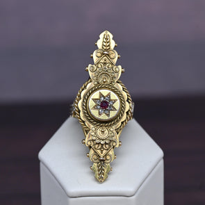 Long Cocktail Ring w Ruby and Rose Cuts Antique 15K Yellow Gold Chester UK 1834