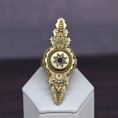 Long Cocktail Ring w Ruby and Rose Cuts Antique 15K Yellow Gold Chester UK 1834