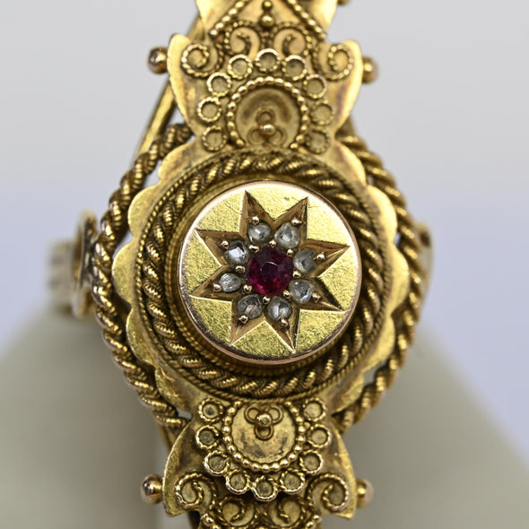 Long Cocktail Ring w Ruby and Rose Cuts Antique 15K Yellow Gold Chester UK 1834