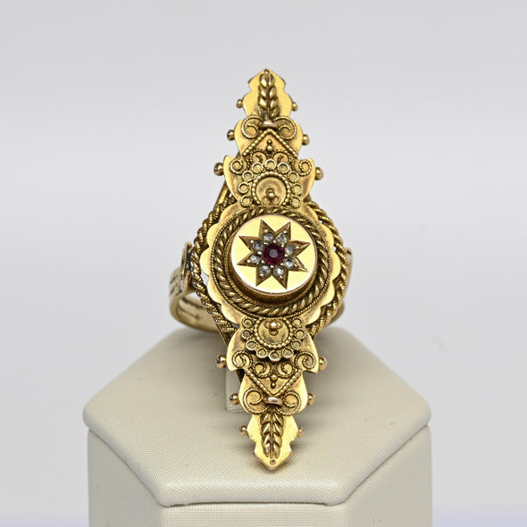 Long Cocktail Ring w Ruby and Rose Cuts Antique 15K Yellow Gold Chester UK 1834