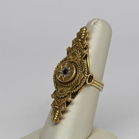 Long Cocktail Ring w Ruby and Rose Cuts Antique 15K Yellow Gold Chester UK 1834