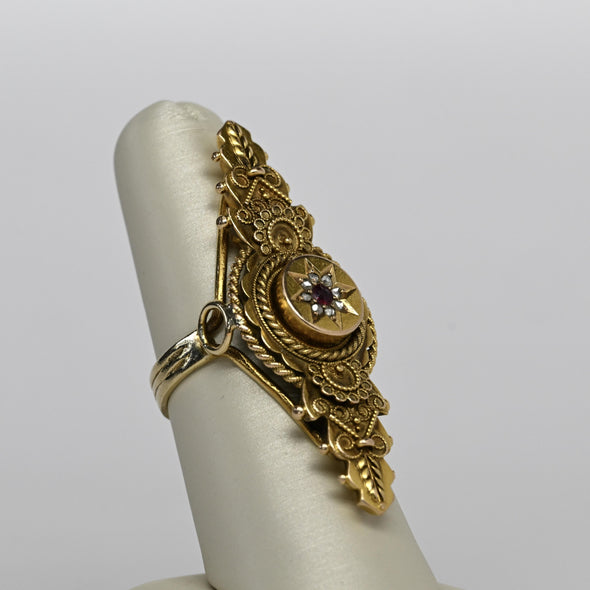 Long Cocktail Ring w Ruby and Rose Cuts Antique 15K Yellow Gold Chester UK 1834