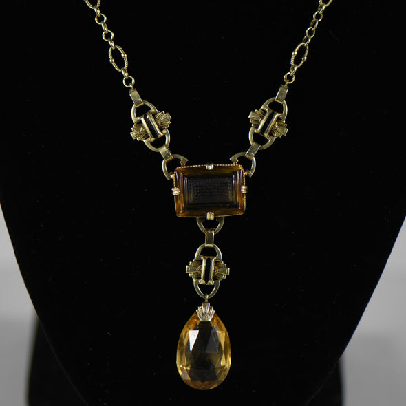 Art Deco Citrine Drop Pendant 14k Yellow Gold Necklace
