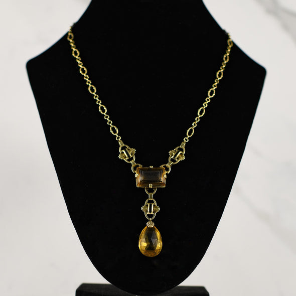 Art Deco Citrine Drop Pendant 14k Yellow Gold Necklace