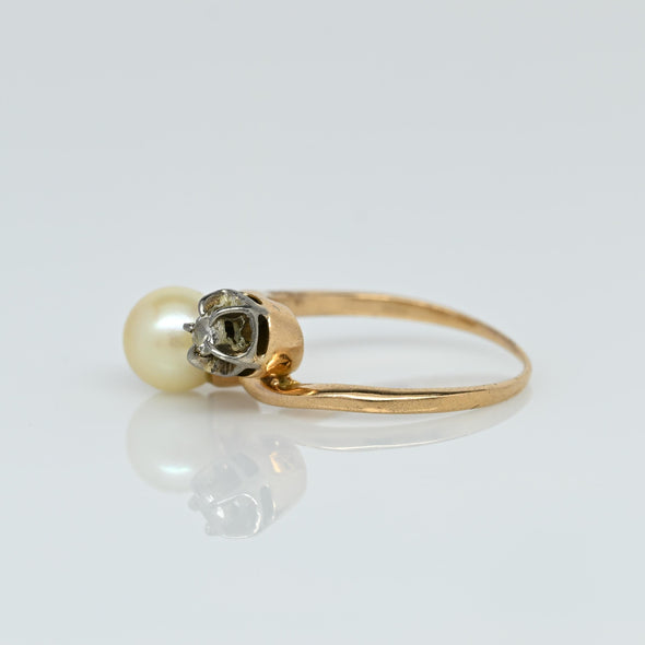 Edwardian Pearl & Diamond Toi et Moi Two Stone 14k Yellow Gold Ring