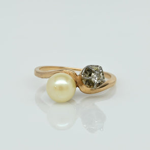 Edwardian Pearl & Diamond Toi et Moi Two Stone 14k Yellow Gold Ring