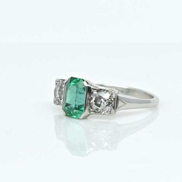 Circa 1920's Art Deco Platinum GIA Certified F1 Natural Zambian Emerald&Diamond