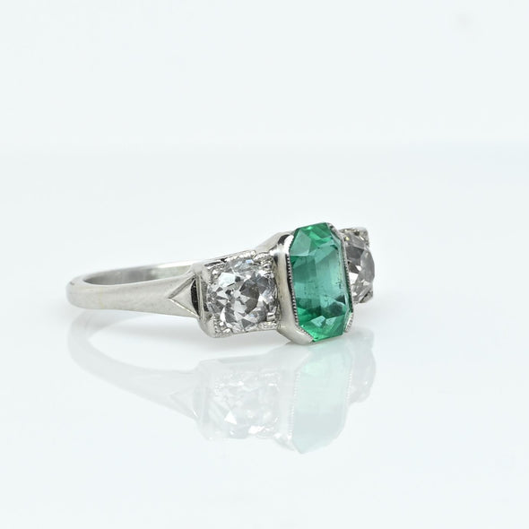 Circa 1920's Art Deco Platinum GIA Certified F1 Natural Zambian Emerald&Diamond