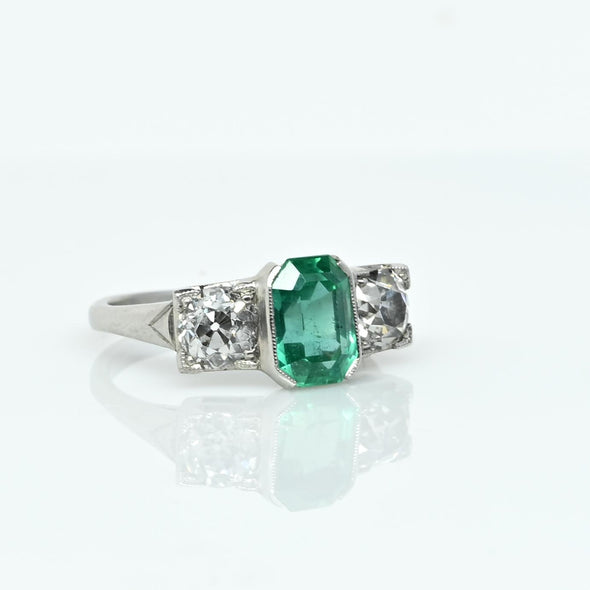 Circa 1920's Art Deco Platinum GIA Certified F1 Natural Zambian Emerald&Diamond