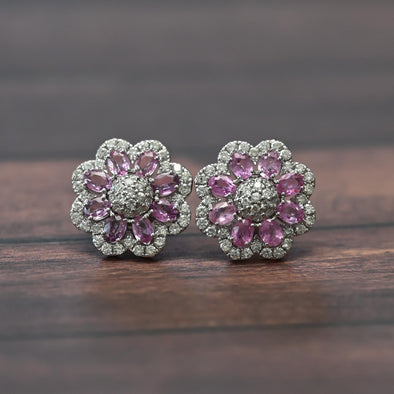 Pink Sapphire & Diamond Flower 14K White Gold Earrings