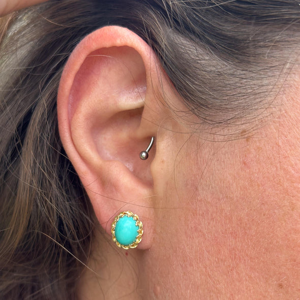 Oval Turquoise Earrings with Rope Boarder Fleur De Lis Prongs