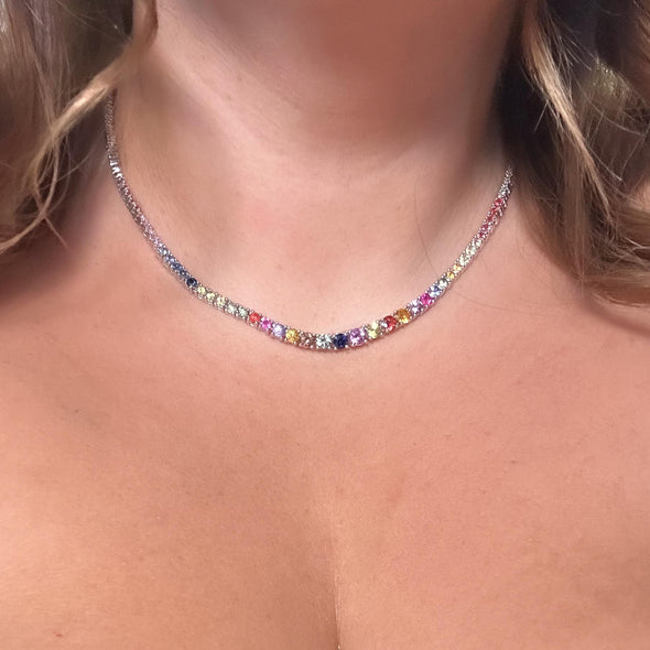 7.44ctw Graduated Multicolor Rainbow Sapphire Tennis Necklace 14k White Gold