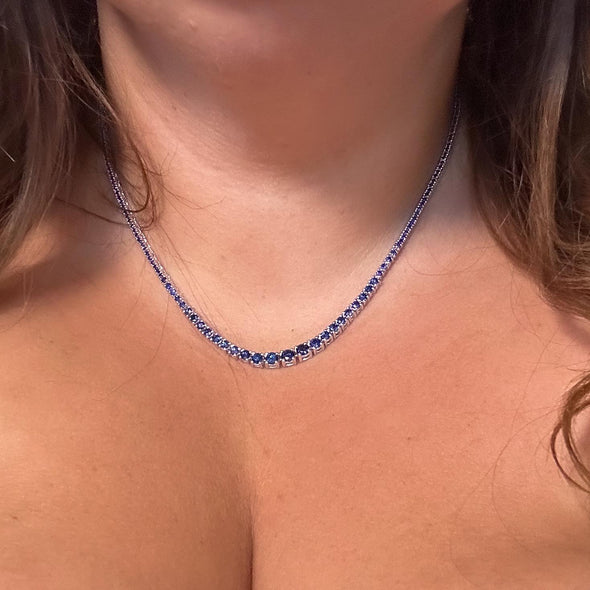 Graduated Blue Sapphire Tennis Necklace 14k White Gold