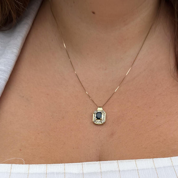 1.4ctw Emerald Cut Greenish Blue Sapphire and Diamond Pendant in 14k Yellow Gold