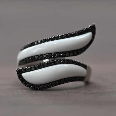 Black Diamond White Curved Bypass 18k White Gold Ring