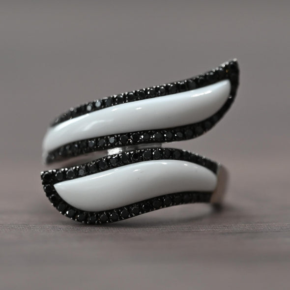 Black Diamond White Curved Bypass 18k White Gold Ring