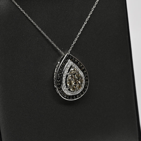 Tri Color Black, White, Brown Diamond Pear Shape Pendant 14k White Gold Necklace