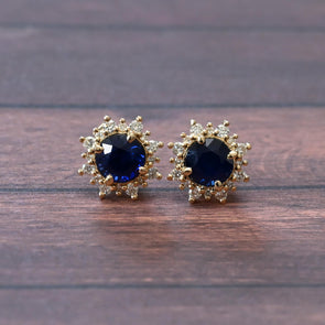 2.5cttw Blue Sapphire Sun Halo 14k Gold Stud Earrings