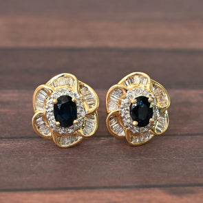 Sapphire Diamond Flower Cluster 14k Yellow Gold Omega Back Earrings