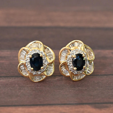Sapphire Diamond Flower Cluster 14k Yellow Gold Omega Back Earrings