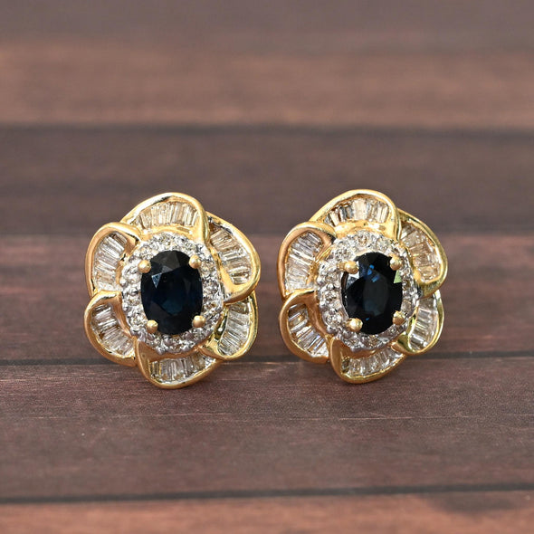 Sapphire Diamond Flower Cluster 14k Yellow Gold Omega Back Earrings