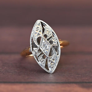 Retro Diamond Navette 14k Cocktail Ring