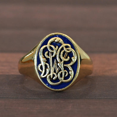 Vintage Signet E M J Blue Enamel 14k Yellow Gold Ring Dated 1941
